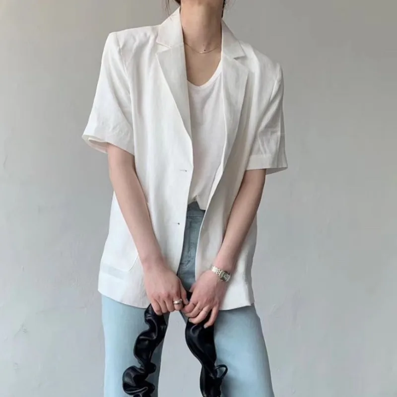 Korean Style Fashion Minimalism Women Black White Casual Linen Blazer Notched Short Sleeve Loose Jacket Tide 2021 Summer Jackets