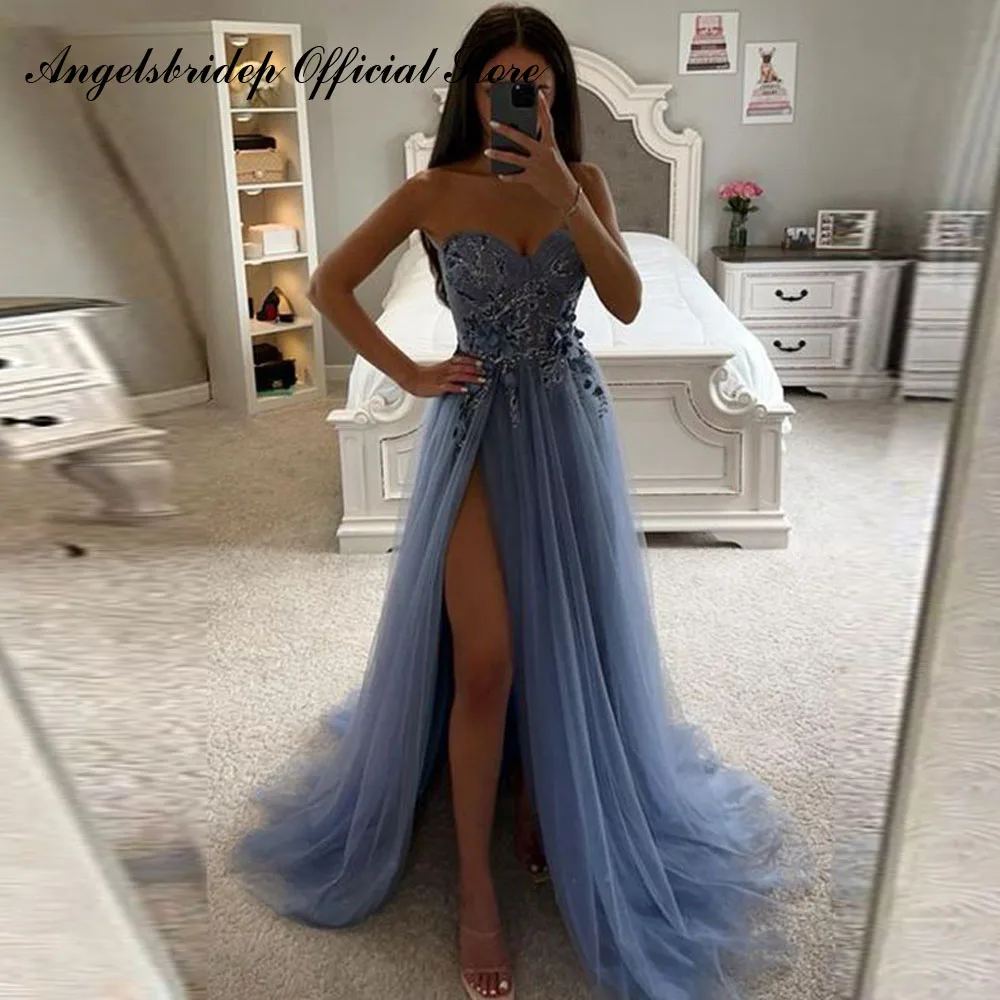 

Angelsbridep Dubai African A Line Evening Dresses 2022 Side Split Women Prom Dresses Lace Appliques Sweetheart Robe De Soiree