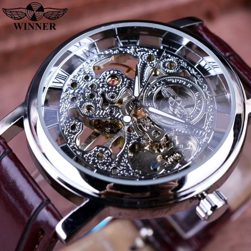 

2022 Winner Top Brand Luxury Mechanical Watch Royal Carving Skeleton Brown Leather Strap Silver Case Transparent Case Men Watch