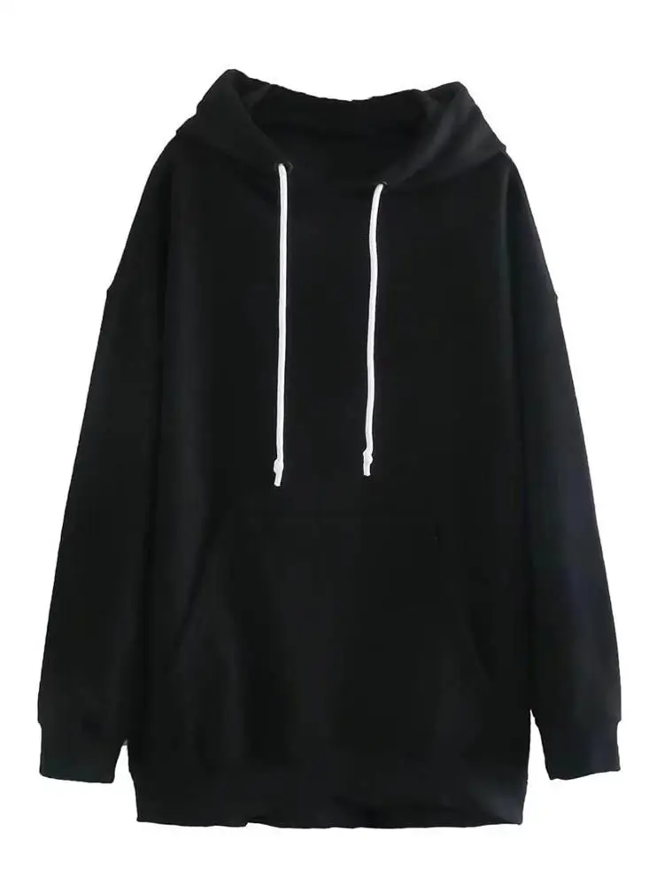 

TRAF Women 2022 Fashion Black Loose Pocket Hoodies Sweatshirts Vintage Long Sleeve Casual Pullovers Female Outerwear Streetwear