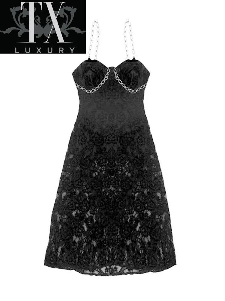 

2022 Y2k Fashion Party Vacation Lady Camisole Sexy Slit Black Patchwork Chain Lace Long Women's Spring Midi Dress Clubwear