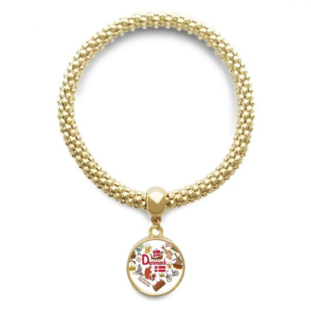 

Denmark Love Heart Landscap National Flag Golden Bracelet Round Pendant Jewelry Chain