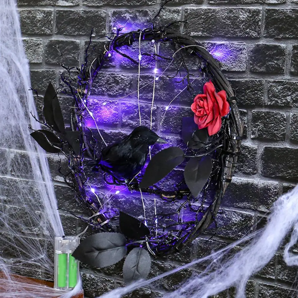 Светящийся венок светящиеся мертвой ветви на Хэллоуин с черной вороной гирлянда