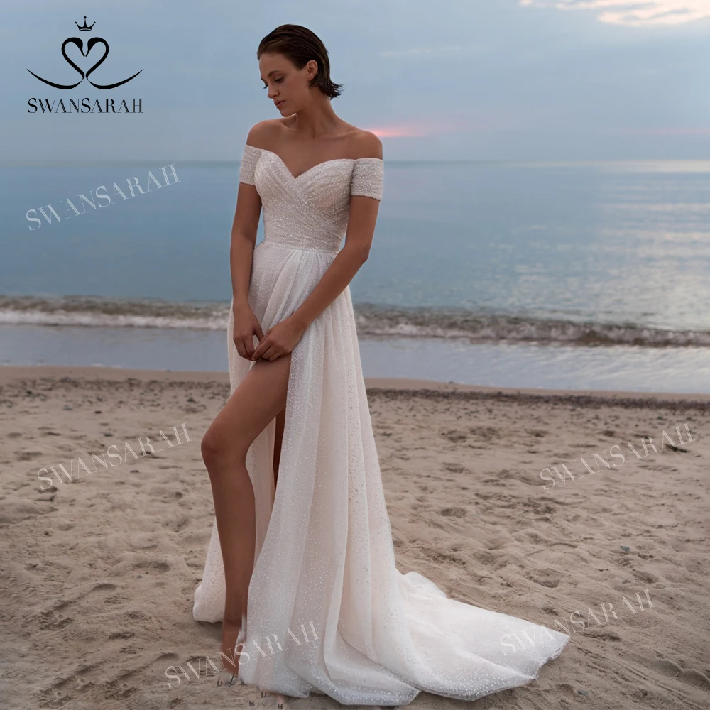 

Женское свадебное платье со шлейфом swansara, блестящее платье трапециевидной формы с разрезом и поясом, модель GY140, 2022