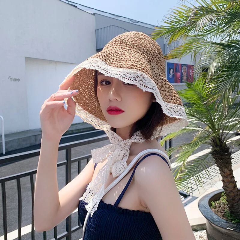 

Summer Straw Hat Lace Beach Hats Women Korean Windproof Rope Travel Wide Brim Sun Hat Elegant Bucket Hat