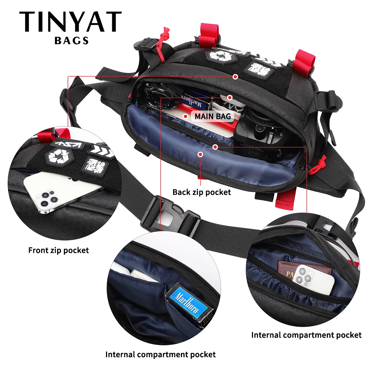 Фото TINYAT Мужская поясная сумка, Большая вместительная водонепроницаемая сумка через плечо, Дорожная Спортивная нагрудная сумка, Мужская многоф... №2