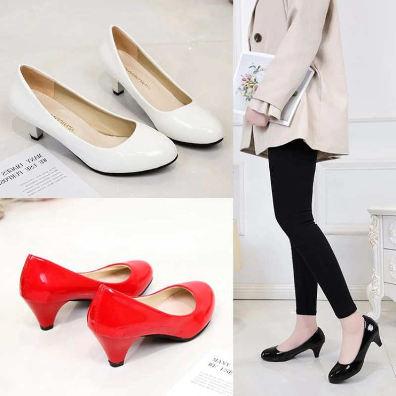 New  Fashion Middle Heel Round Head Coarse Heels Patent Leather Shoes Do Office Work Women's Shoes Chaussure Femme Size 35-42