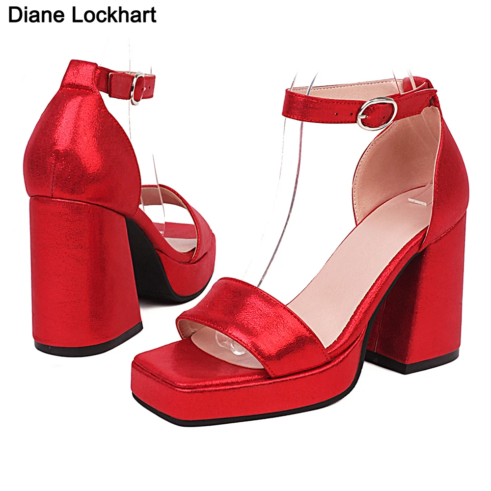 

Sequined Cloth Platform Sandals Chunky Heel Fashion Buckle Strap Summer Brand New Shoes For Women Candy Color Stylish Blue Heels