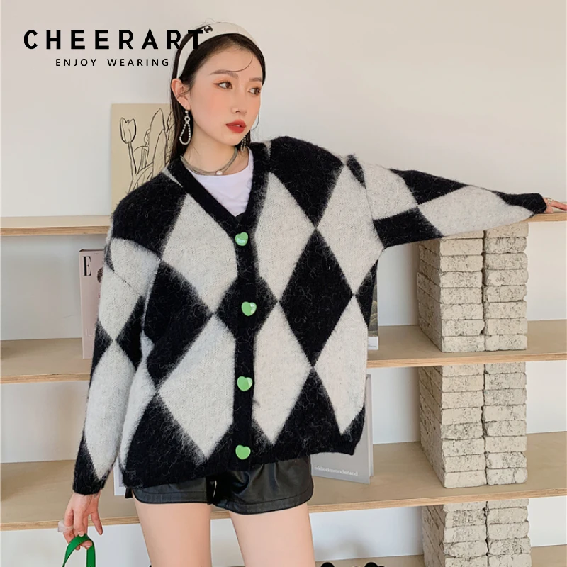 

CHEERART Argyle Oversized Cardigan Knitted Sweaters For Women Fashion Button Up V Neck Knitwear Winter 2021 Fuzzy Sweater