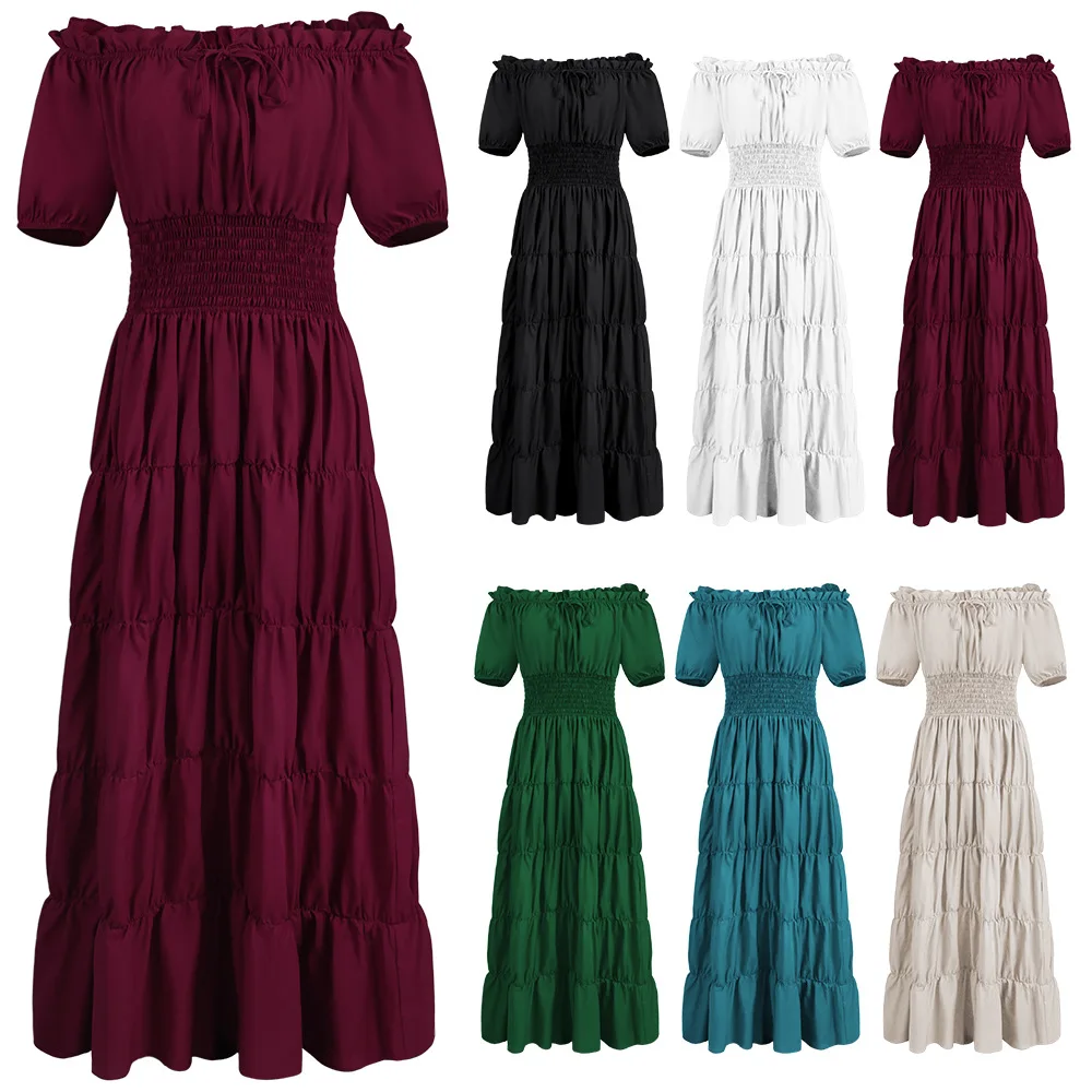 

Women Medieval Renaissance Dress Boho Petticoat Short Sleeves Off Shoulder Smocked Waist Retro Pleated Long Dress Costume