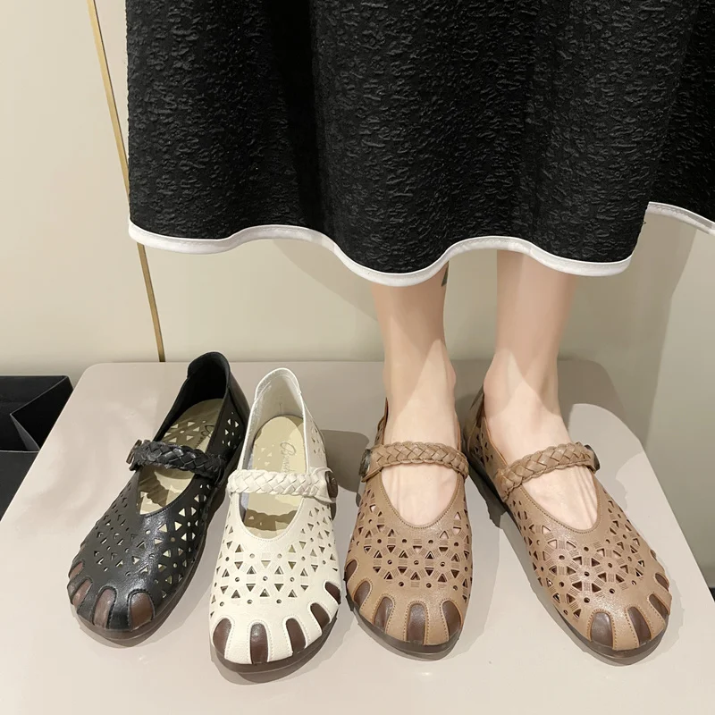 2022 new summer hollow PU leather sandals female gladiator retro mesh breathable designer elegant and comfortable flat shoes