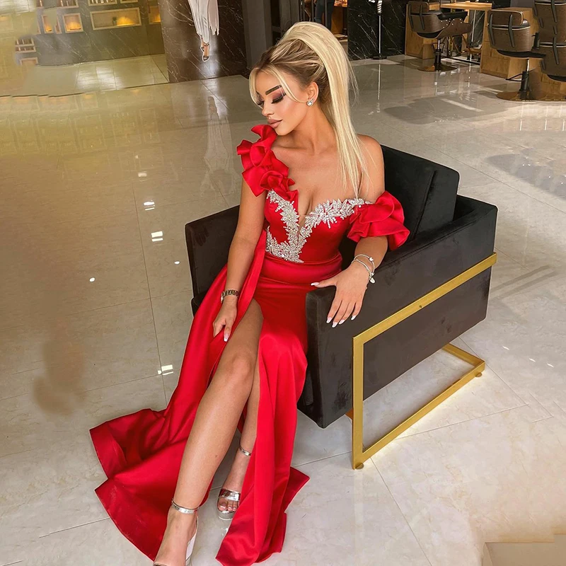 

Red satin strapless sexy slit prom party dress banquet wedding evening dress