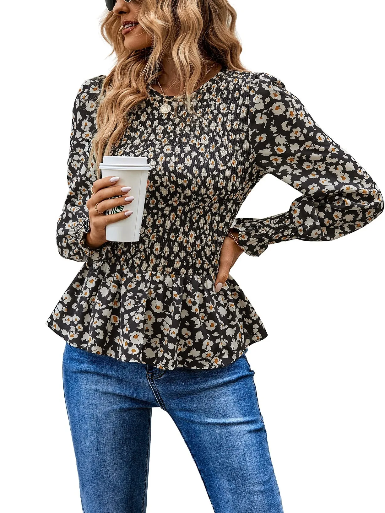 2022 Autumn and Winter New Long-sleeved Corset Round Neck Petal Sleeve Printed Shirt Top Women's Clothing Women Tops