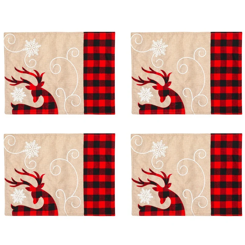 

PHFU-4PCS New Christmas Decoration Linen Embroidered Moose Table Flag Christmas Hotel Restaurant Home Decoration Table Mat