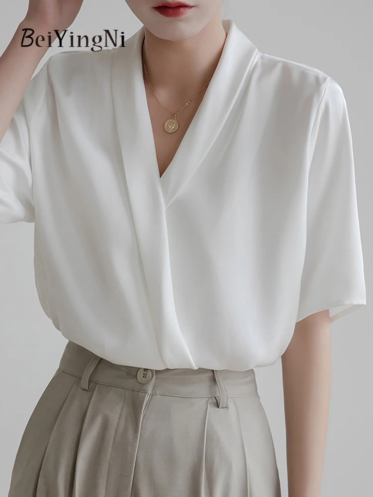 

Beiyingni Summer Short Sleeve Blusas for Women Satin Loose Plaid Temperament V-neck Tops Ladies Luxury Shirts White OL Camisas
