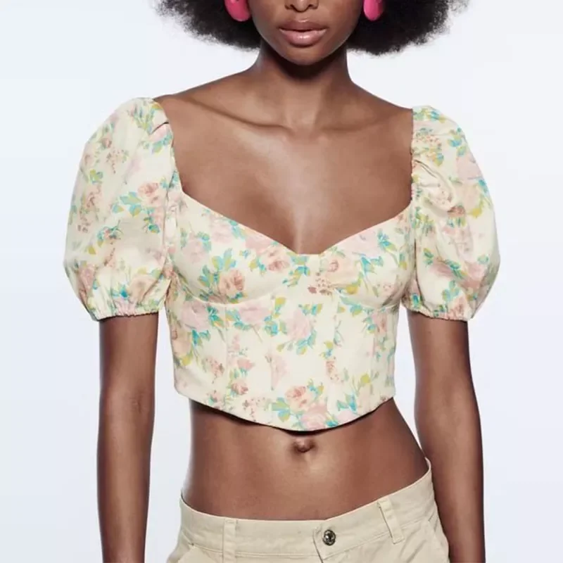 

Женская блуза с квадратным вырезом, коротким рукавом и принтом