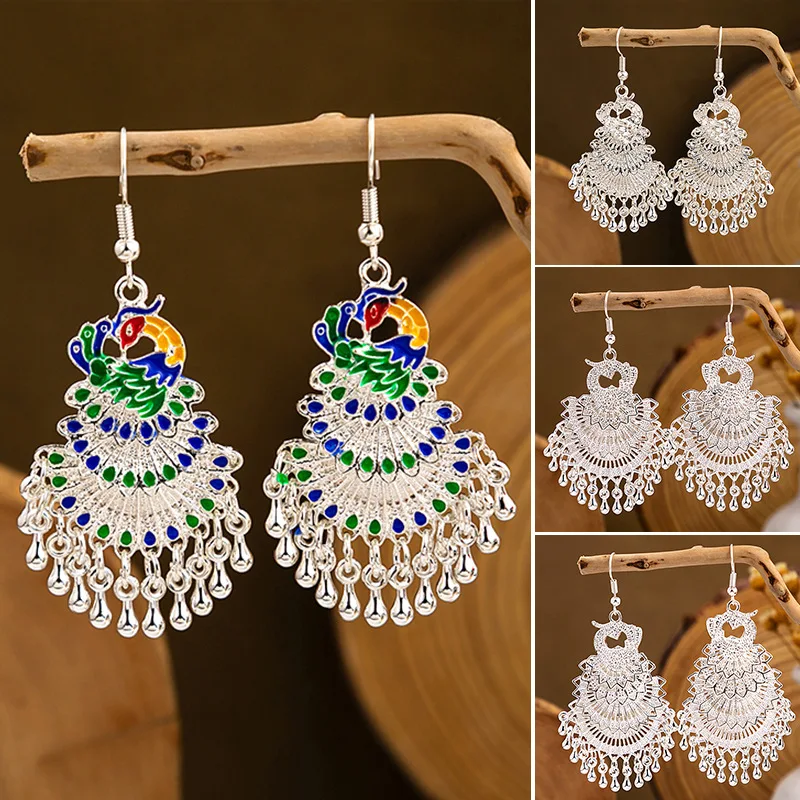 

Boho Peacock Earrings for Women Ethnic Vintage Geometric Metal Animal Drop Hook Long Earrings Jewelry Fashion Gift
