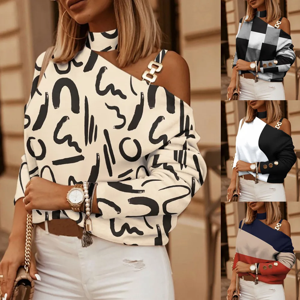 

Autumn and Winter Long Sleeve Chain Neck Print Button Decorative Top Women