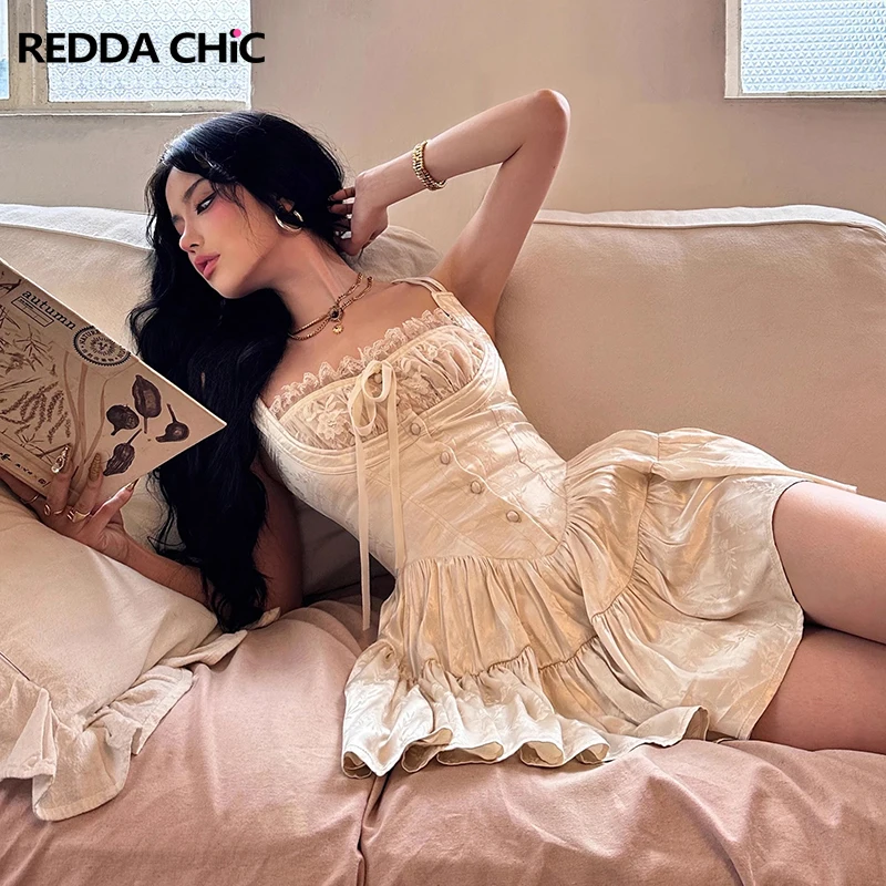 

Роскошное жаккардовое кружевное женское мини-платье ReddaChic, бандажная мини-юбка с открытой спиной и оборками, Винтажная летняя односекционная мини-юбка Y2k