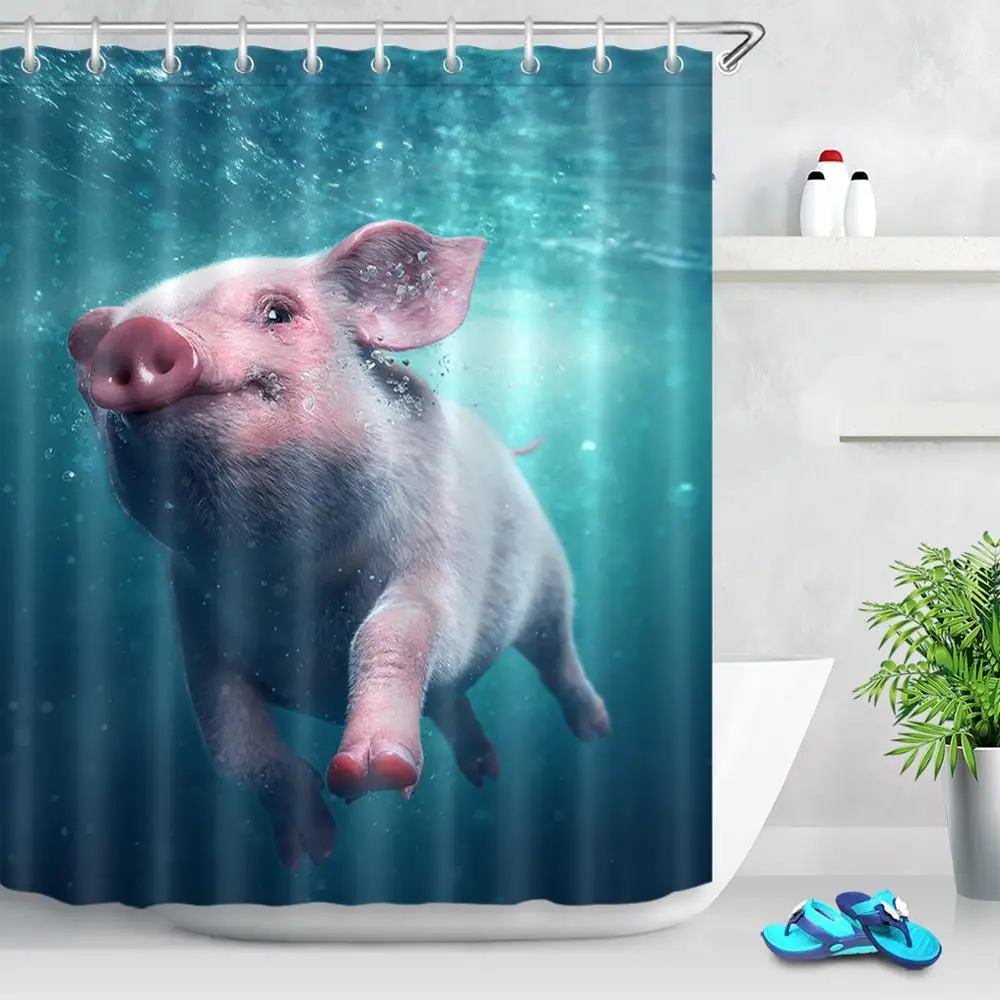 

Blue Ocean Diving Cute Pig Fabric Shower Curtain Polyester Waterproof Print Decorative Bathroom With Hook