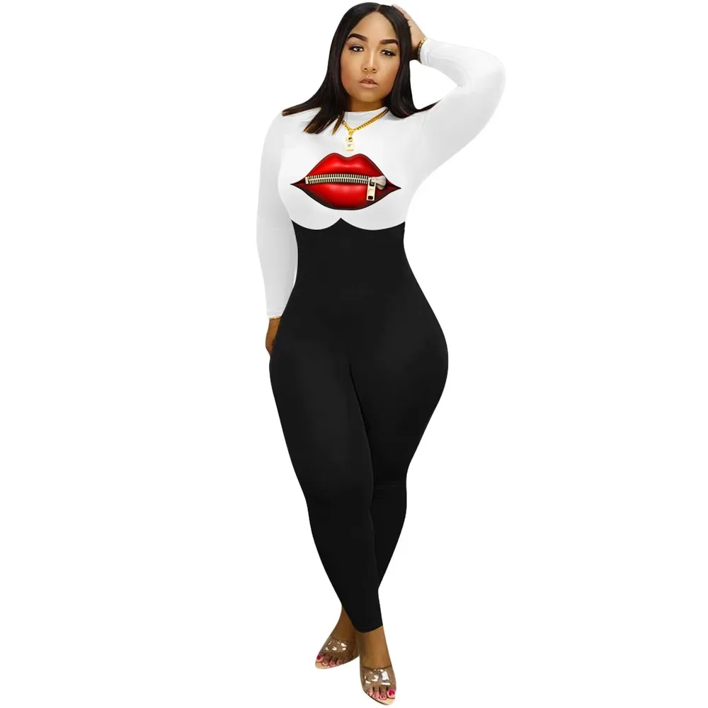 Oversized Long Sleeve Jumpsuit Rompers Ladies Fashion Printed Sexy Lip Turtleneck Bodysuit 2020 Fall Clothing for Women | Женская одежда