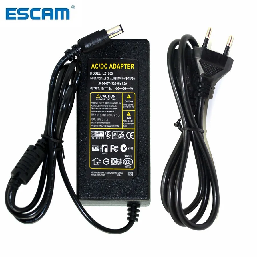 

ESCAM DC 12V 5A 60 Вт Мощность адаптер трансформаторный блок AC100-240V для DC12V Питание для видеонаблюдения Камера безопасности Системы