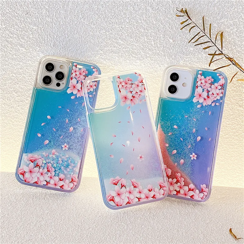 

Flowers Glitter Quicksand Anti-fall Protective Case Hard Shell Cover Coque For iPhone 13 12 11 Pro Max XSMAX XR X SE2 8 7 6 Plus