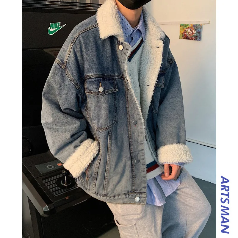 Autumn and Winter Cotton-padded Men's Korean Version of Loose Denim Lamb Velvet Cotton-padded Jacket Ins Plus Velvet Warm Jacket