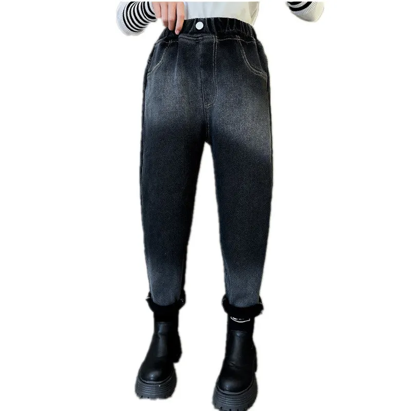 

Jeans for Girls Gradient Solid Color Simple Pencil Pants 2022 Winter New Trend Fleece Denim Teens Children's Trousers 10 12 14Y