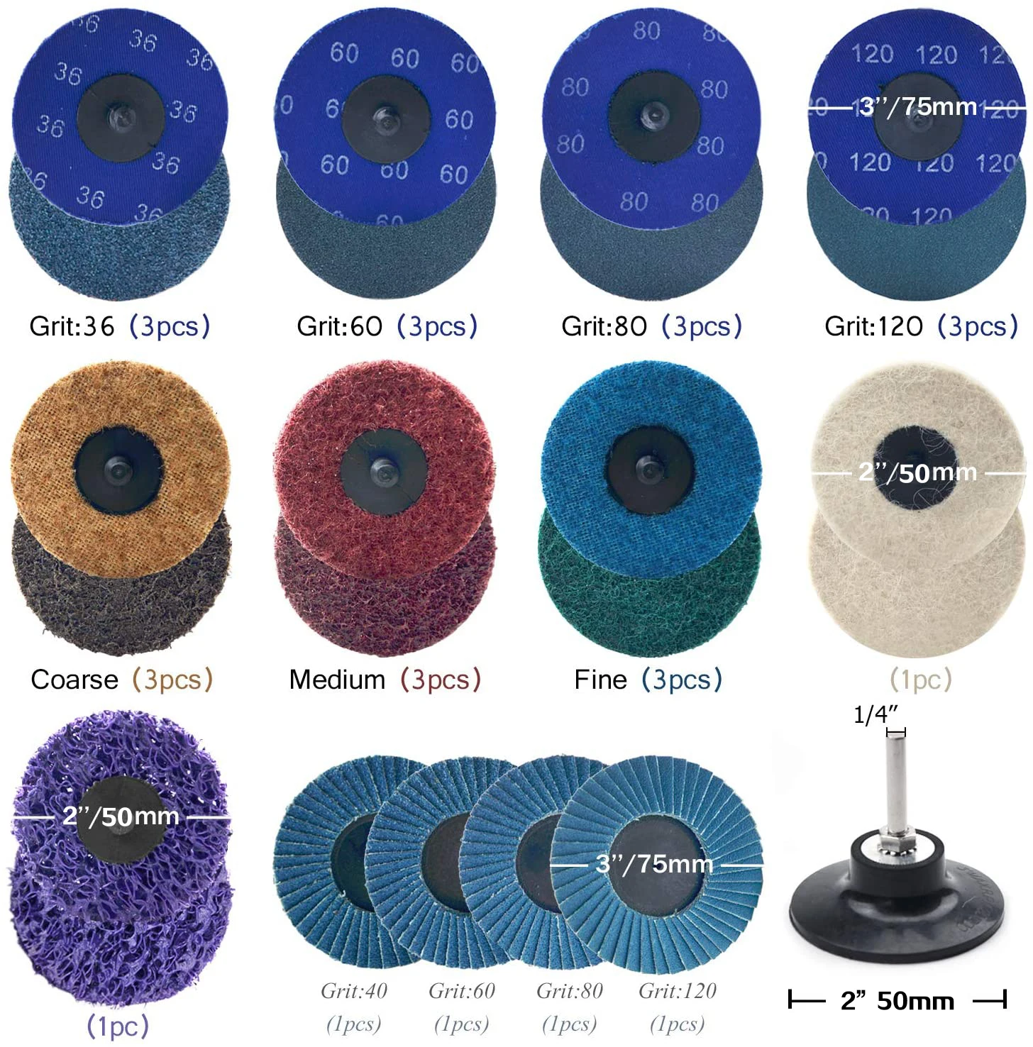 2Inch Grinder Discs 28PCS Set Assorted Roll Lock Sanding Surface Conditioning Disc Polish with 1/4" Holder |