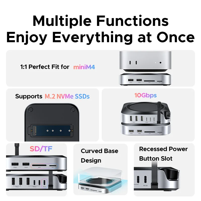 Фото Док-станция UGREEN USB HUB с SSD до 8 ТБ, порты USB-A и USB-C до 10 Гбит/с, SD и TF до 170 МБ/с, USB-разветвитель для Mac Mini M4 M4 Pro M.2 NVMe №3