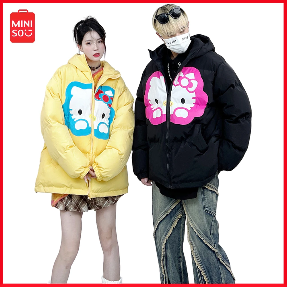 

2023 New Miniso Sanrio Hellokitty Winter American Cotton Jacket Retro Cartoon Niche Hip-Hop Hooded Jacket Couple Warm Zipper Top