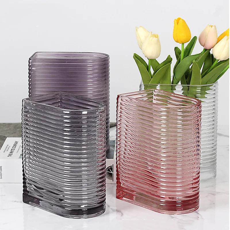 

Vertical Pattern Torch Glass Vase Nordic Simple Transparent Decorative Ornaments Living Room Soft Flower Vase