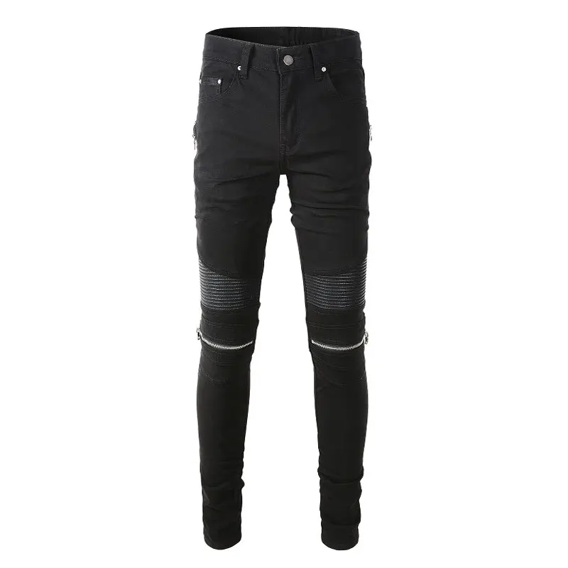 Street Fashion Men Jeans Retro Blue Elastic Slim Fit Spliced Biker Jeans Homme Leather Patch Designer Hip Hop Brand Pants Men