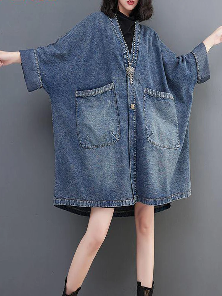 Vintage V-neck Big Pocket Denim Jacket Women's 2022 Autumn New Loose Oversized Long Windbreaker Jean Jackets