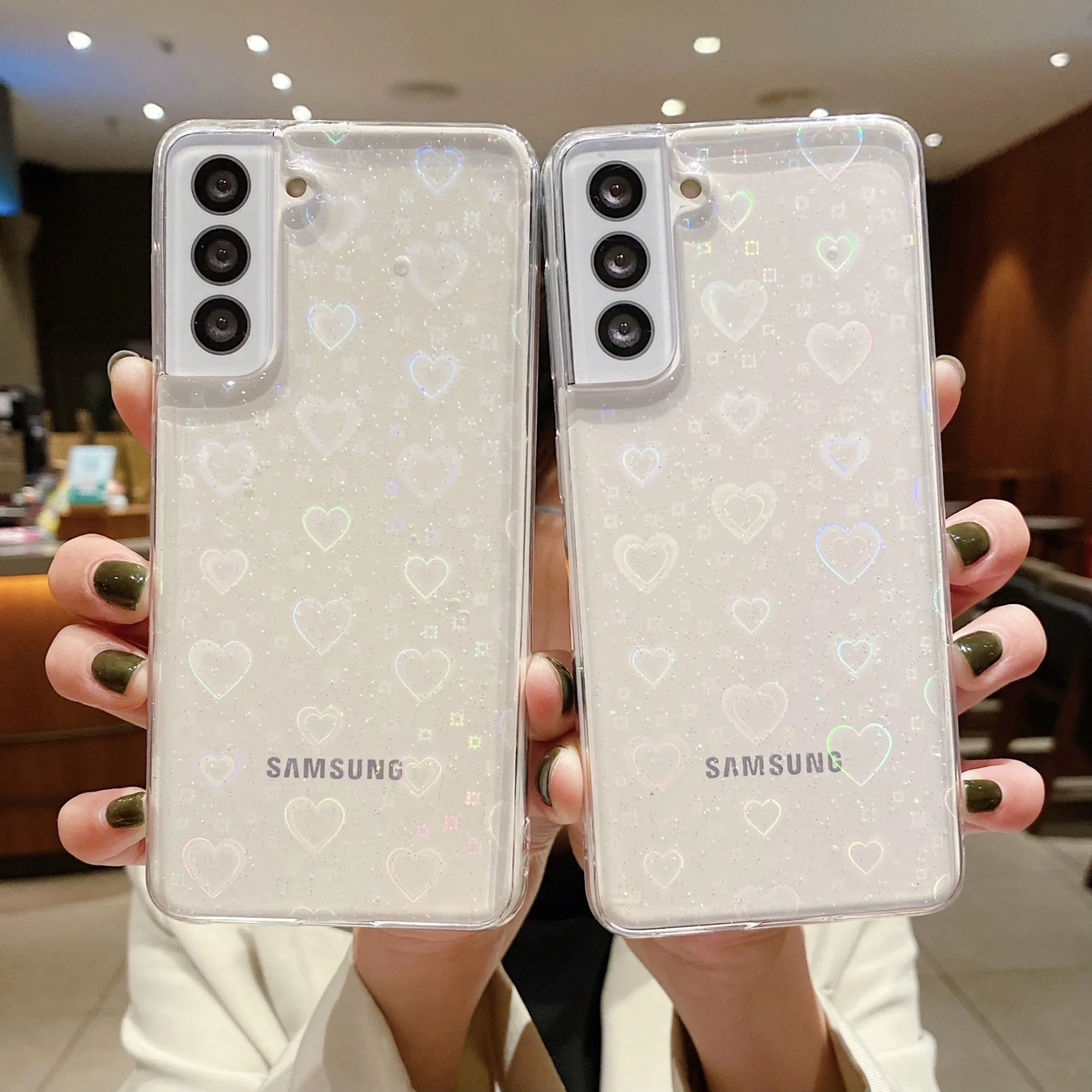 For Samsung S22 Ultra S21 S20 Ultra Note20 A73 A72 A52 Love Heart Transparent Phone Cases Laser Shiny Phone Protection Tide Case
