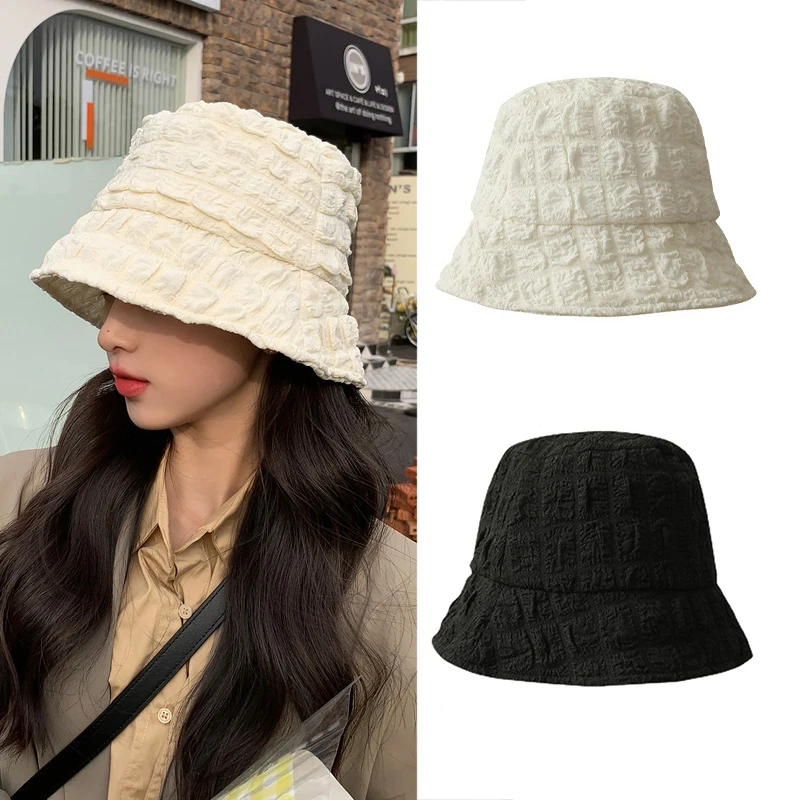 

Spring Summer Seersucker Bucket Hat Women Casual Foldable Fisherman Cap Black White Solid Color Panama Cap Outdoor Sun Hat Bob