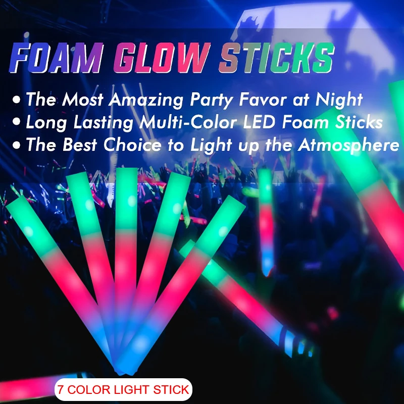 LED Glow Sticks Bulk 10/30/50/60Pcs Colorful Foam Stick Glow Wands RGB Flashing Cheer Tube For Bar Party Wedding Concert 2022