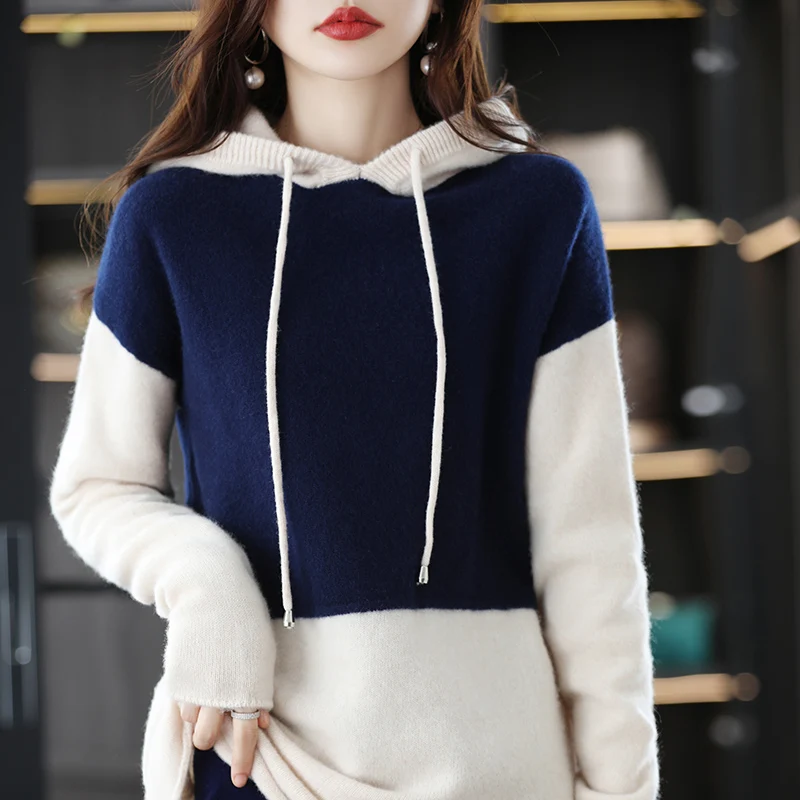 Pure Wool Knitted Sweater Women's Hoodie Autumn/Winter Fashion Stitching Super Loose Lazy Style Knitted Pullover Mid-Length Top