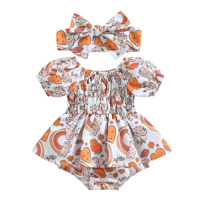 

0-18M Newborn Infant Baby Girls Romper Dress Elastic Collar Ruched Short Sleeve Bodysuits Summer Jumpsuits with Headband