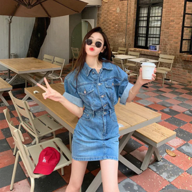 

Женское джинсовое мини-платье BULOCHOVA, винтажное однобортное Ковбойское платье с отложным воротником и высокой талией в Корейском стиле, весна-лето 2023