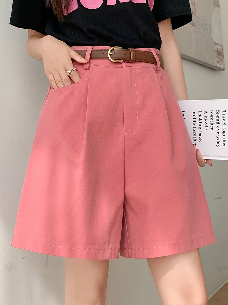 DFRCAEG 2023 Summer Bermuda Shorts For Women High Elastic Waist Wide Leg Loose Suit Pants Free Belt White Black Pink Pants Femme