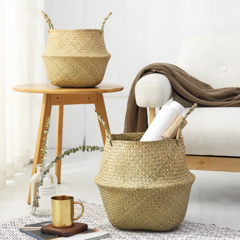 

Household Storage Foldable Natural Seagrass Woven Storage Basket Pot Garden Flower Vase Hanging Wicker Basket Bellied Baskets