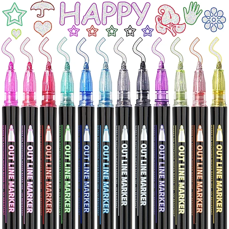 

12 цветов, набор ручек с двойными линиями, волшебный маркер металлического цвета, фломастер для рисования, письма, школьные принадлежности