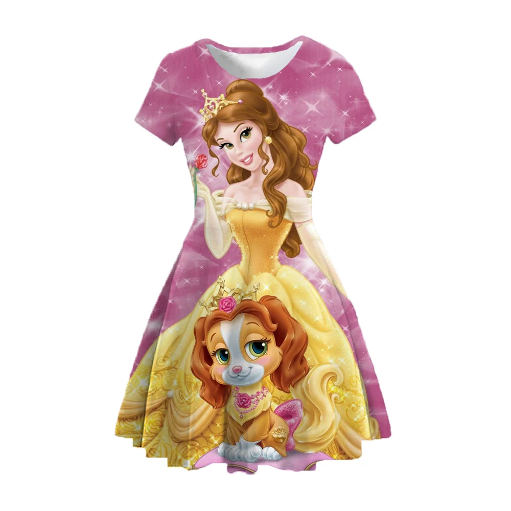 

Cartoon Character Disney Belle Princess Kids Summer Print Dress Girls Clothes Birthday Party Casual Sports Clothing