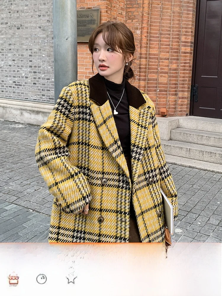 Super Nice Yellow Plaid Suit Woolen Thick Coat Women Autumn and Winter 2024 New Korean Series Mid-Length