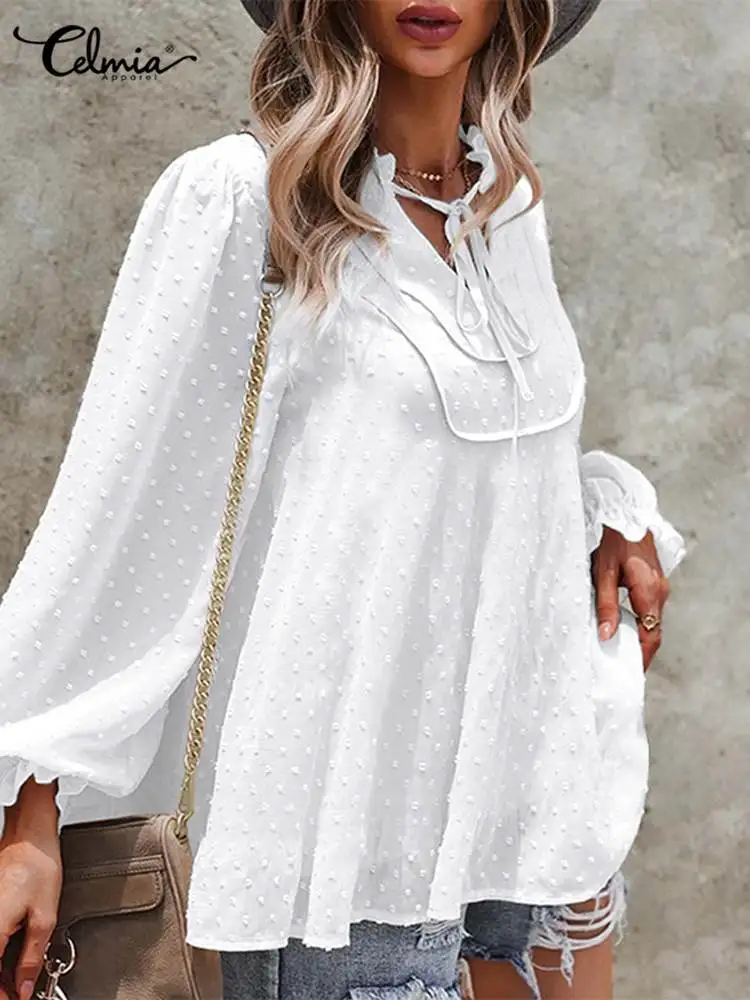 

Celmia Fashion V-neck Lace Up Blouse Women 2022 Summer Elegant Transparent Jacquard Top Casual Loose Lantern Sleeve Street Blusa