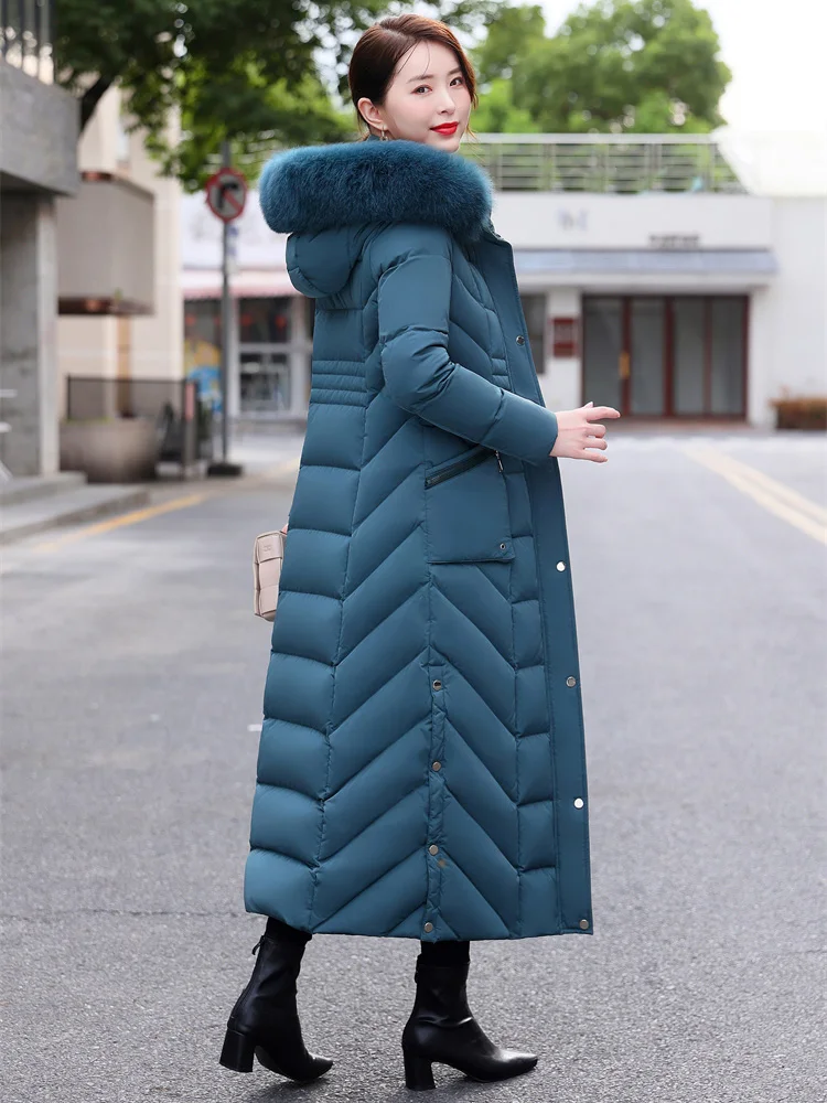 New Women Down Coat Winter Fashion Detachable Hooded Real Fox Fur Collar Thicken Warm Lengthened Down Jacket Slim Overcoat