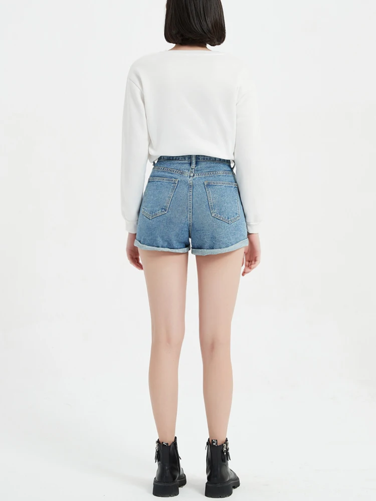 Streetwear Women High Waist Retro Blue Denim Shorts Spring Summer Female Straight Button Pocket Jeans Shorts Bottoms