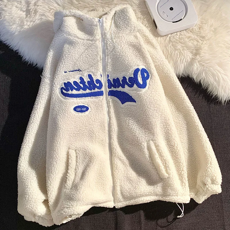 

Vintage Lamb Fur Oversized Zip Up Hoodies Women Loose Long Sleeve Korean Style Sweatshirt Fashion Kawaii Clothes Winter